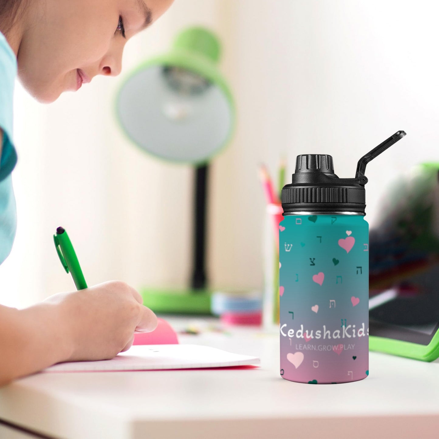 Pink Aleph Beis Hearts Ambre Kids Water Bottle with Chug Lid (12 oz)