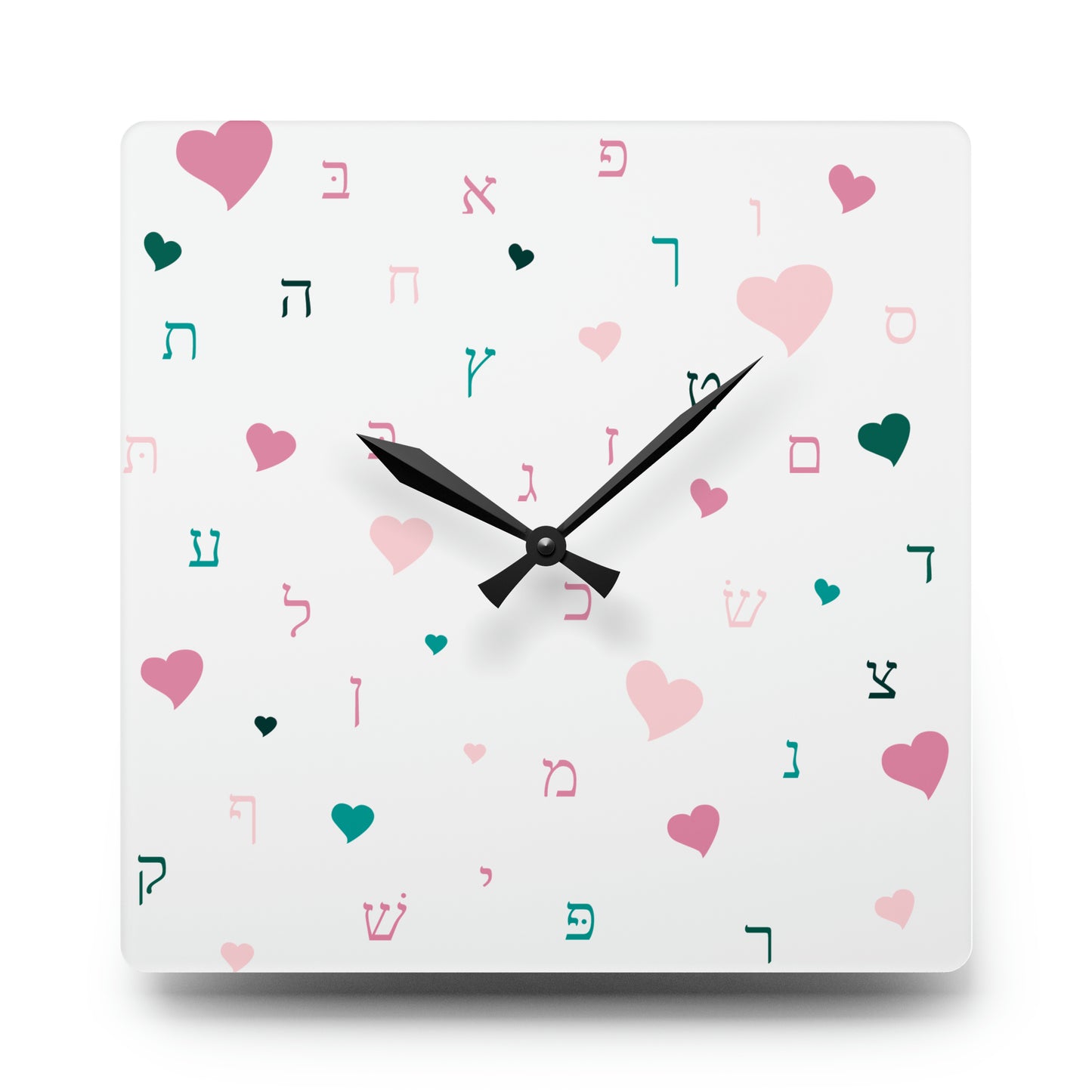 Pink Aleph Beis Hearts Acrylic Wall Clock