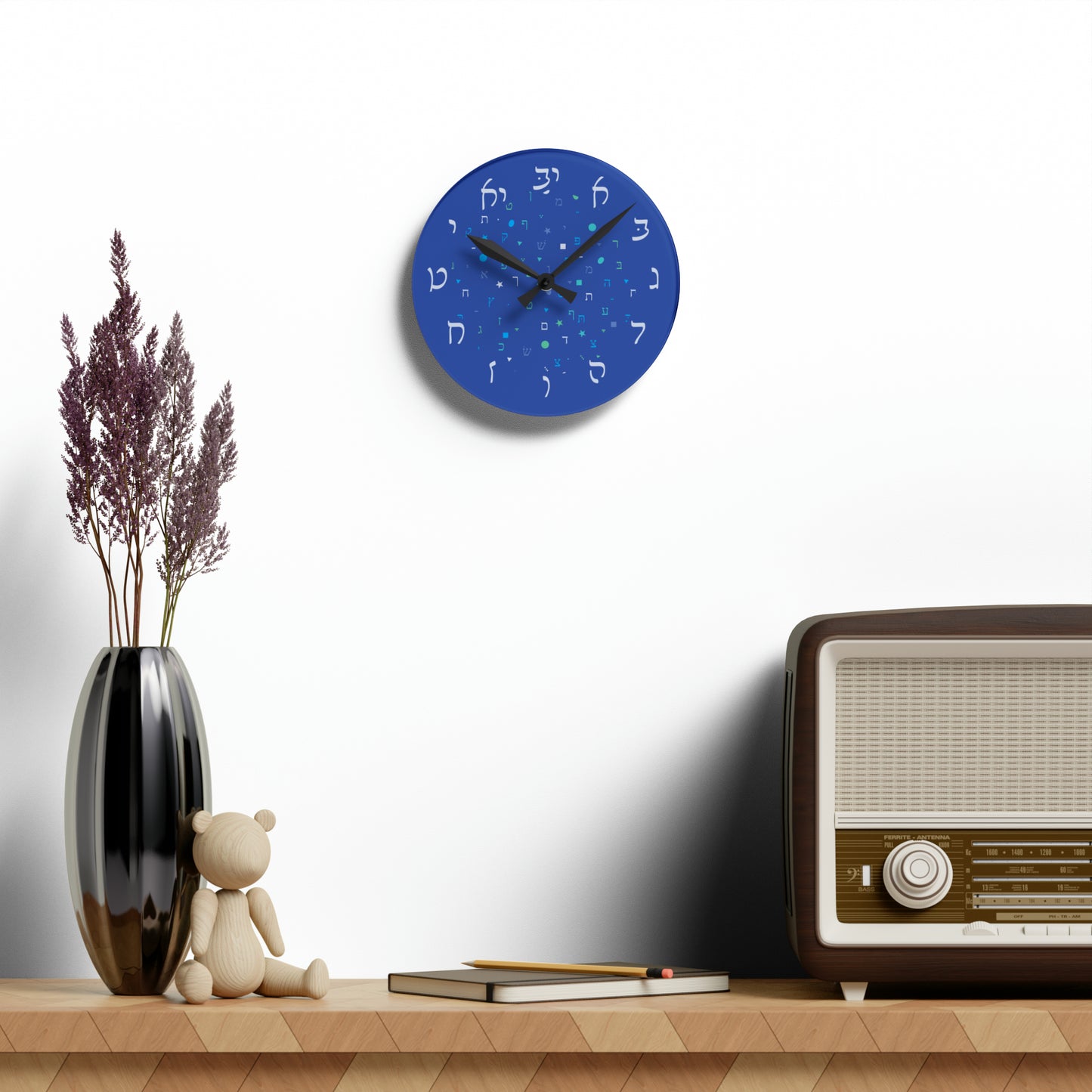 With Rashi Numbers - Dark Blue Aleph Beis Shapes Acrylic Wall Clock