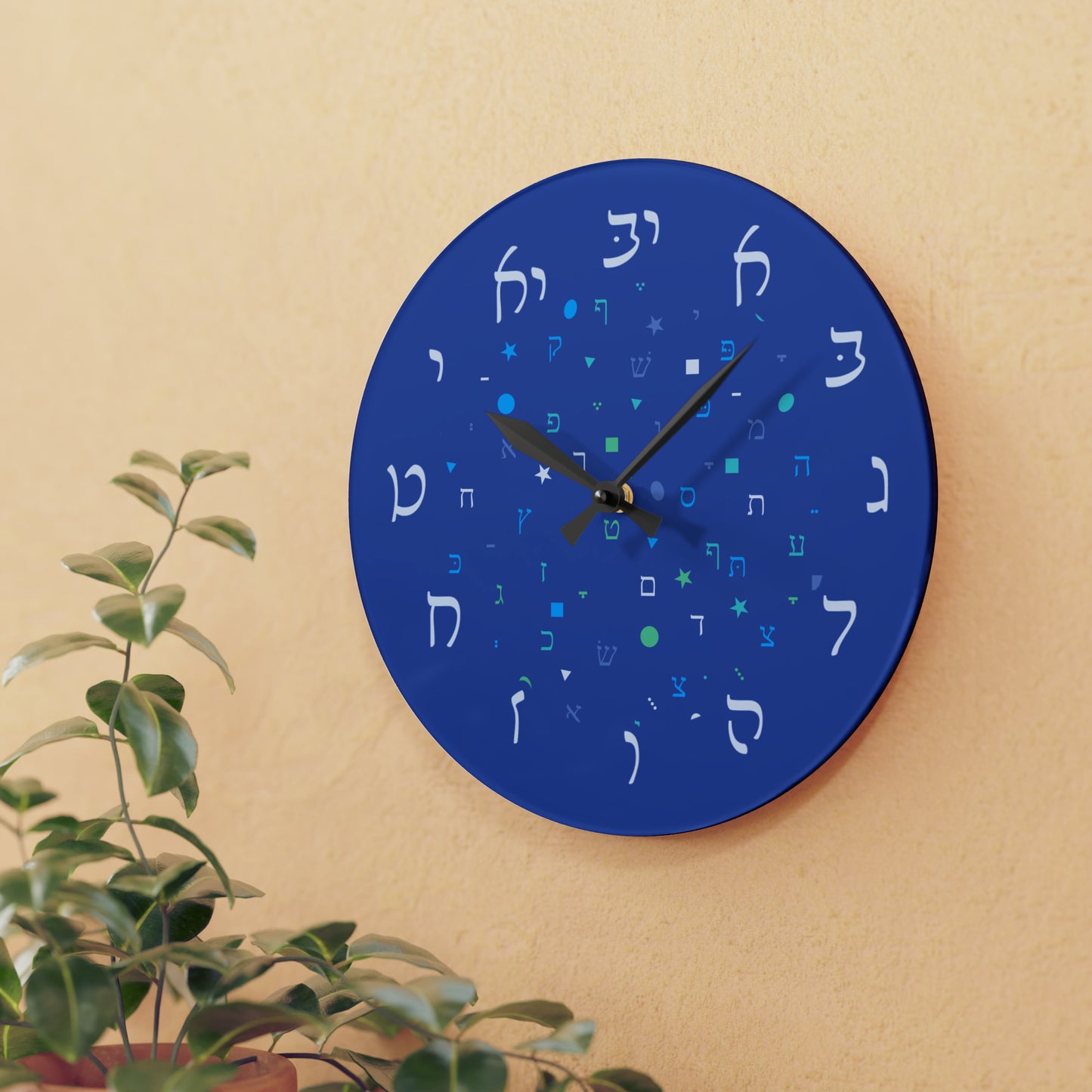 With Rashi Numbers - Dark Blue Aleph Beis Shapes Acrylic Wall Clock