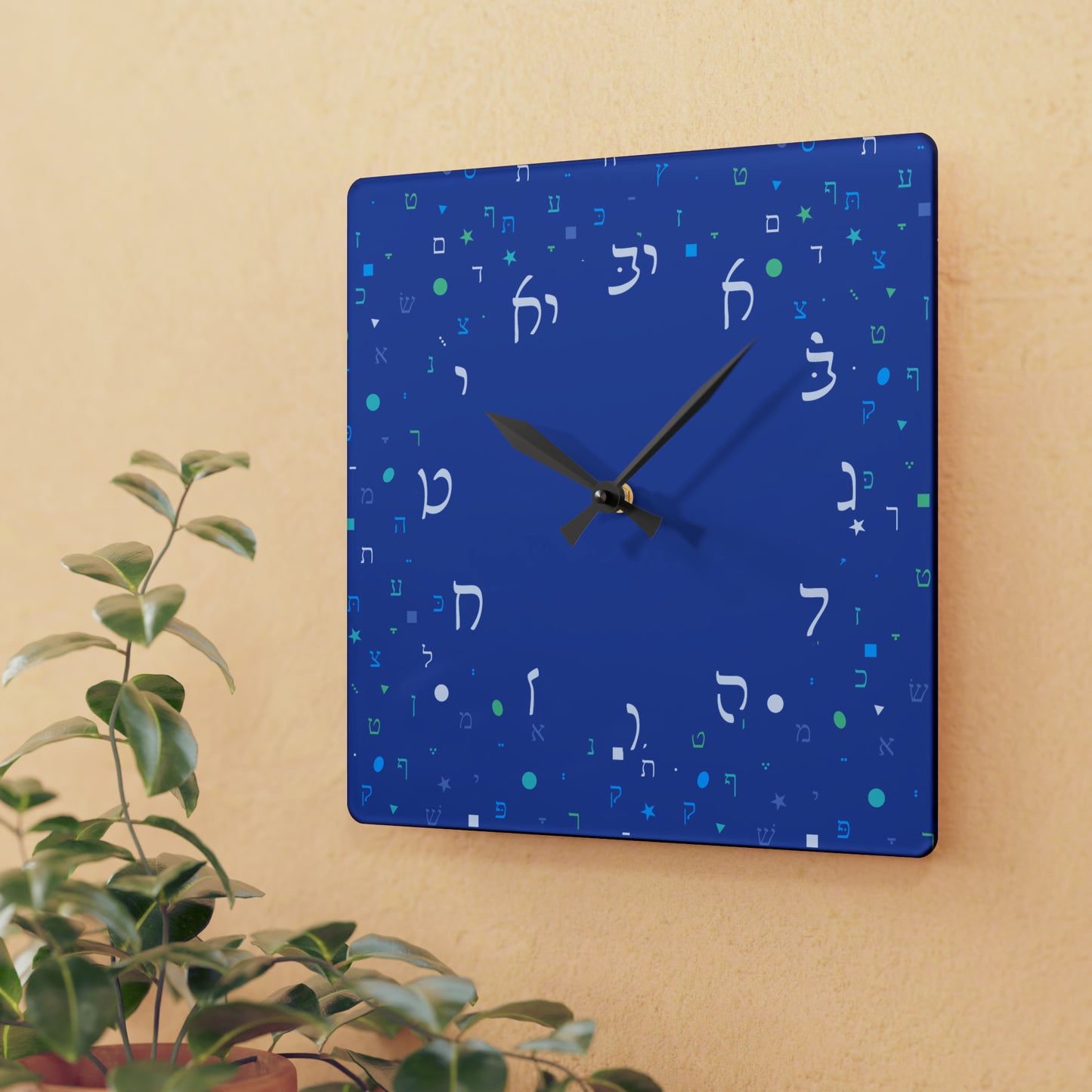 With Rashi Numbers - Dark Blue Aleph Beis Shapes Acrylic Wall Clock