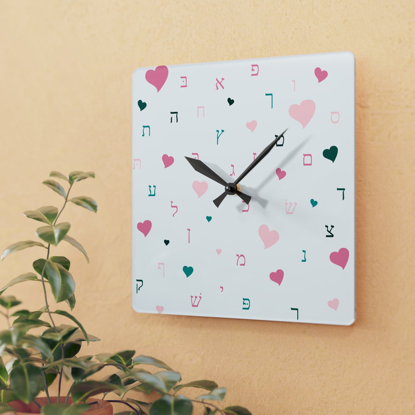 Pink Aleph Beis Hearts Acrylic Wall Clock