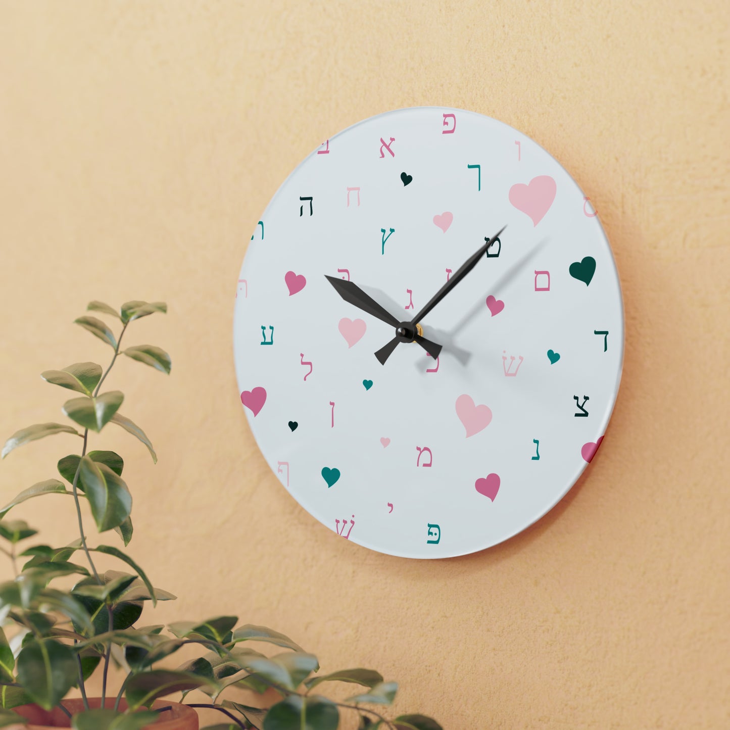 Pink Aleph Beis Hearts Acrylic Wall Clock