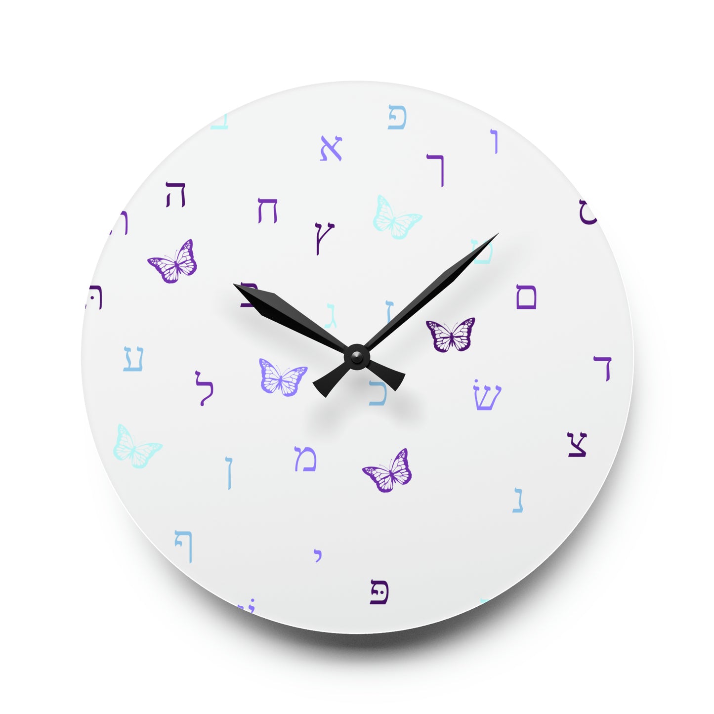 Purple Aleph Beis Butterflies Acrylic Wall Clock