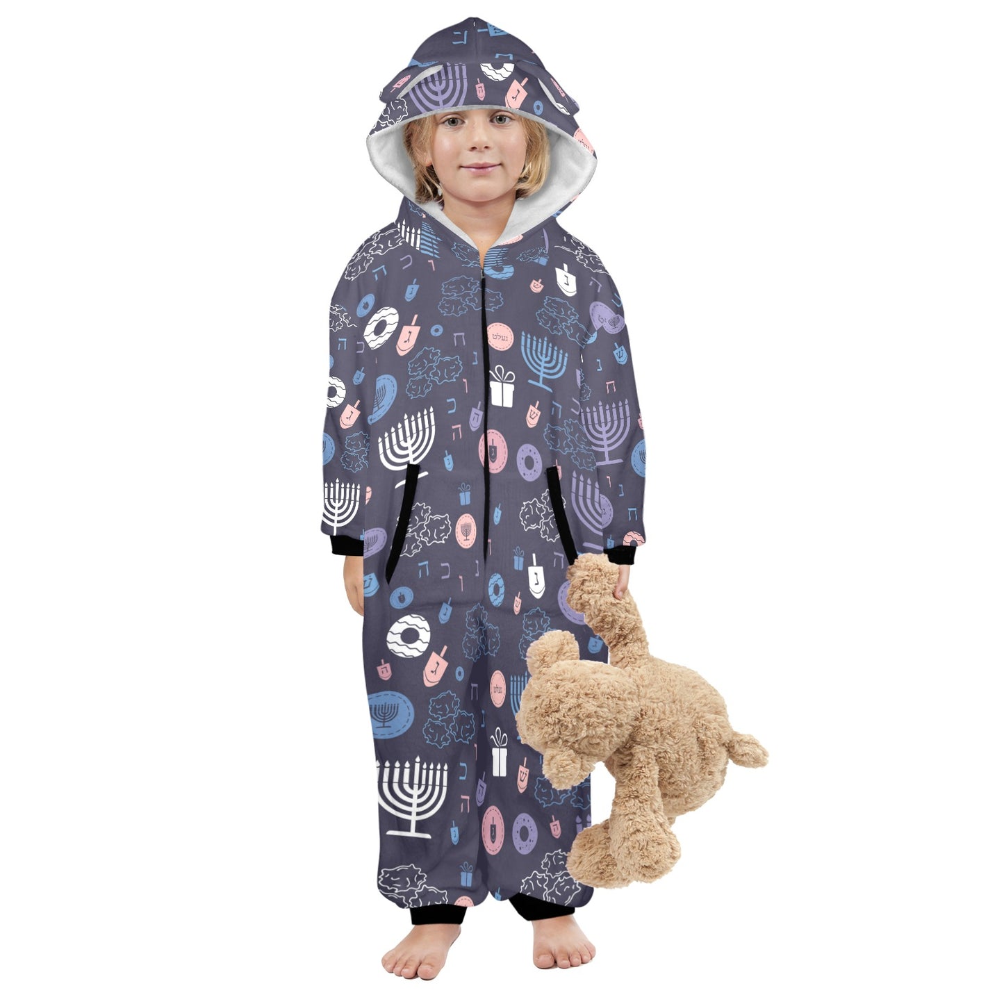 Warm Sunset Chanukah 5785 One-Piece Zip up Hooded Pajamas for Little Kids