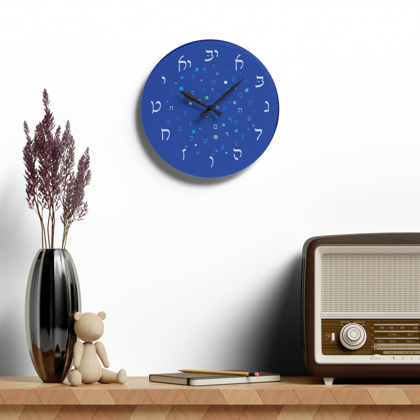 With Rashi Numbers - Dark Blue Aleph Beis Shapes Acrylic Wall Clock