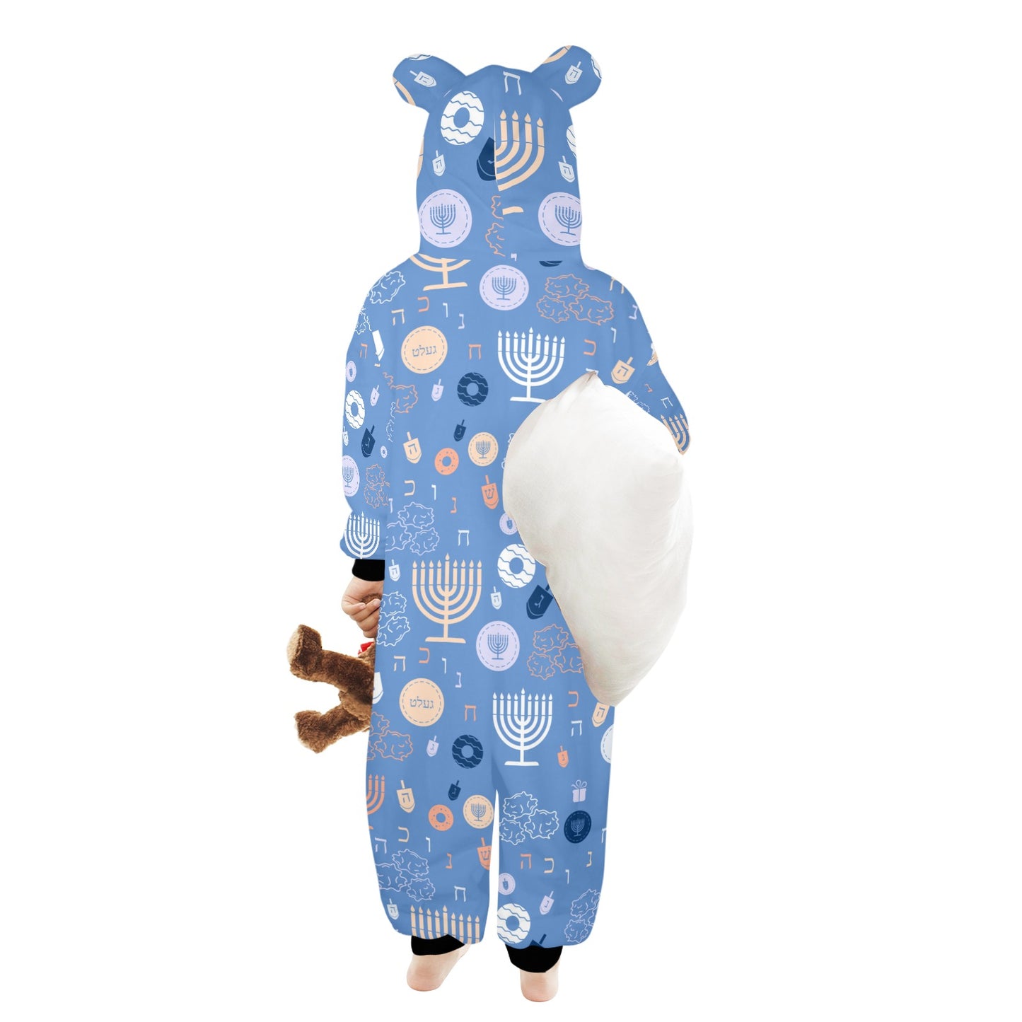 Blue Chanukah 5785 One-Piece Zip up Hooded Pajamas for Little Kids
