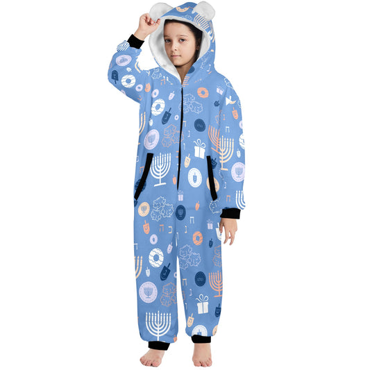 Blue Chanukah 5785 One-Piece Zip Up Hooded Pajamas for Big Kids