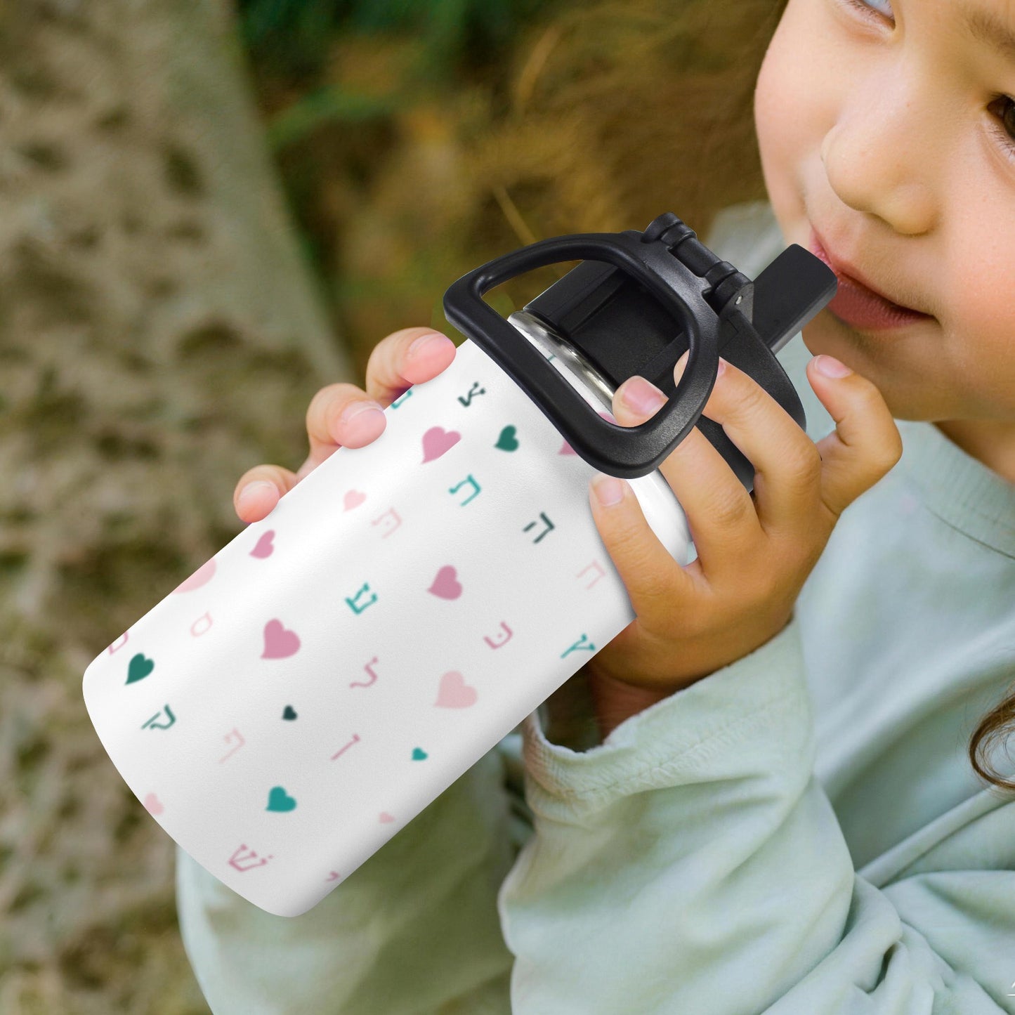White Pink Hearts Aleph Beis 12oz Toddlers Water Bottle with Straw Lid