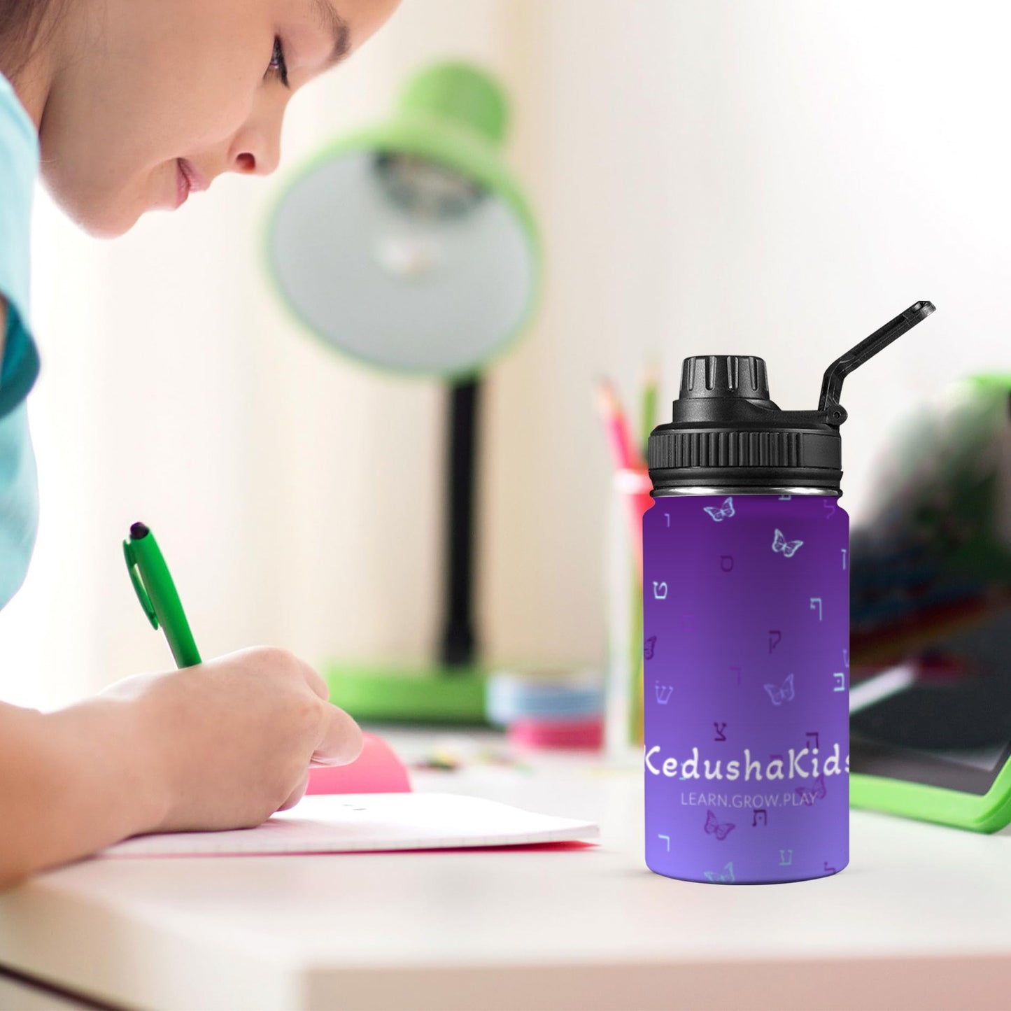 Purple Aleph Beis Butterflies Kids Water Bottle with Chug Lid (12 oz)