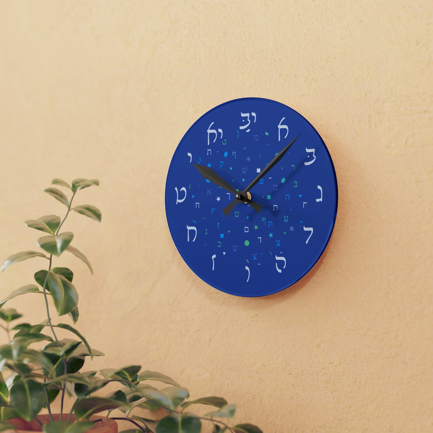 With Rashi Numbers - Dark Blue Aleph Beis Shapes Acrylic Wall Clock