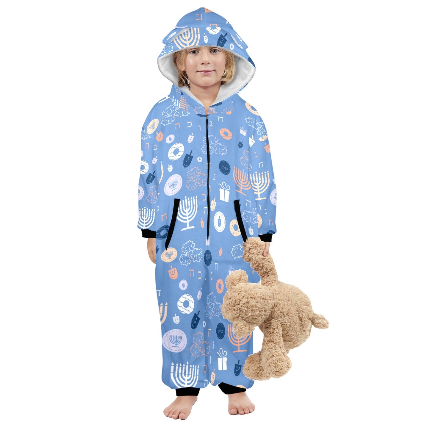Blue Chanukah 5785 One-Piece Zip up Hooded Pajamas for Little Kids