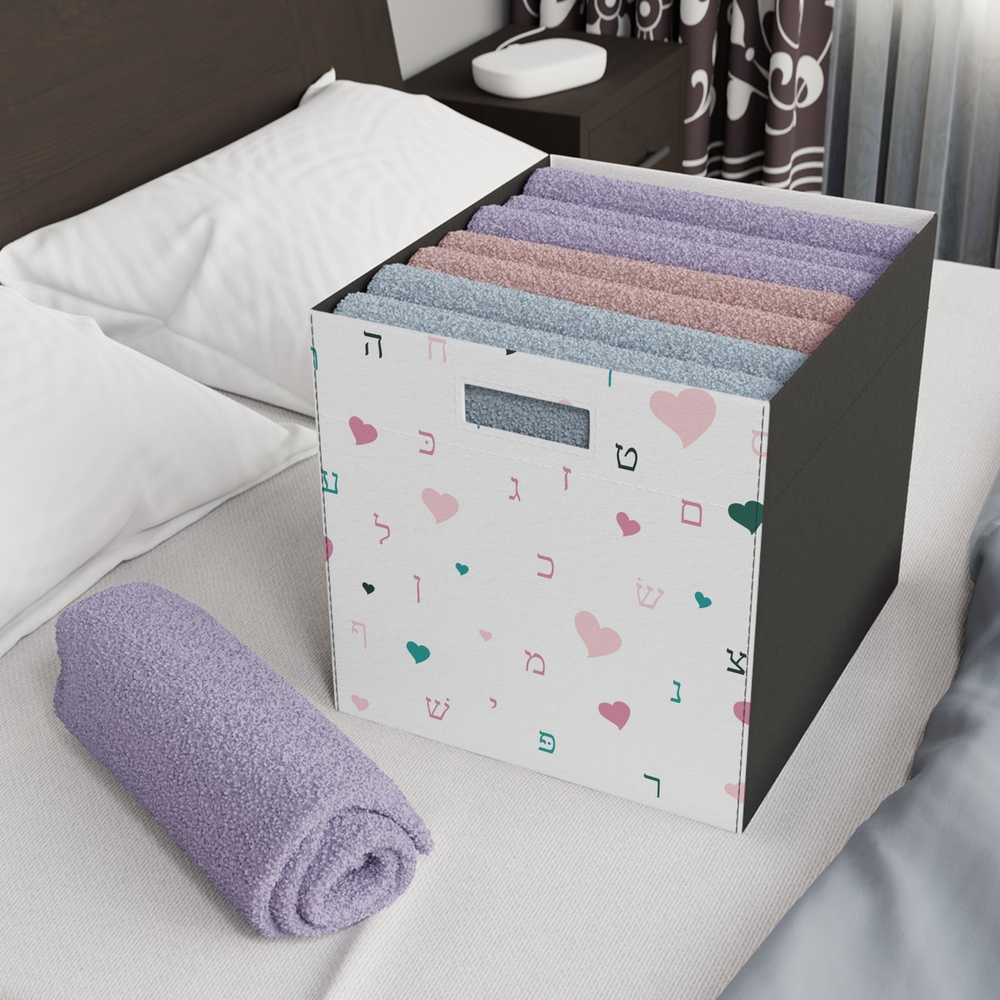White Pink Aleph Beis Felt Storage Box
