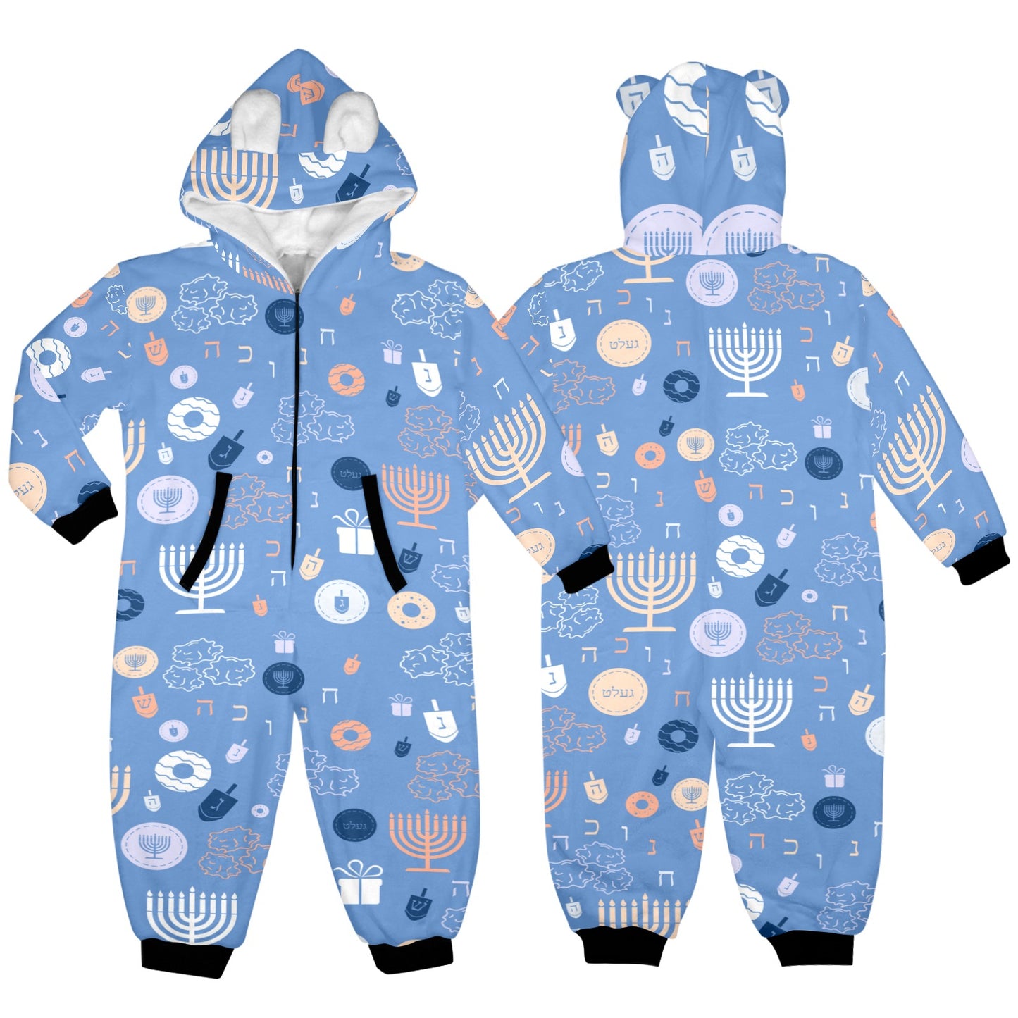 Blue Chanukah 5785 One-Piece Zip up Hooded Pajamas for Little Kids