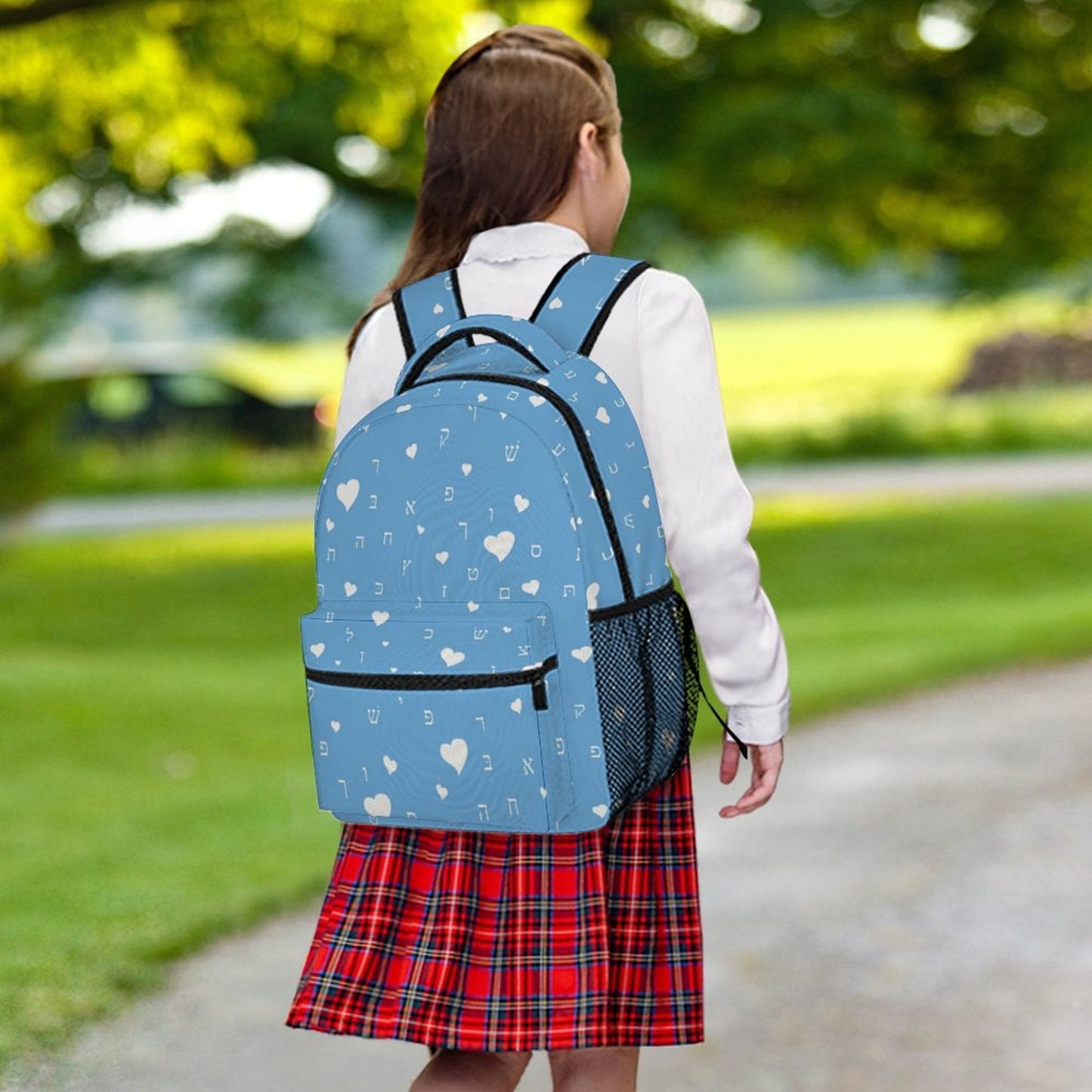 Pretty in Sky Blue Aleph Beis Hearts Children's Backpack