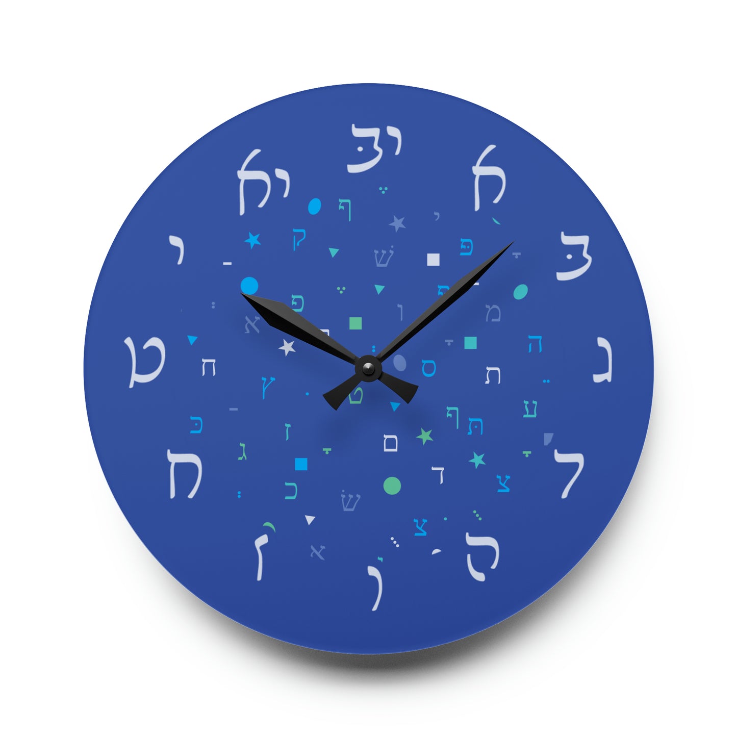 With Rashi Numbers - Dark Blue Aleph Beis Shapes Acrylic Wall Clock