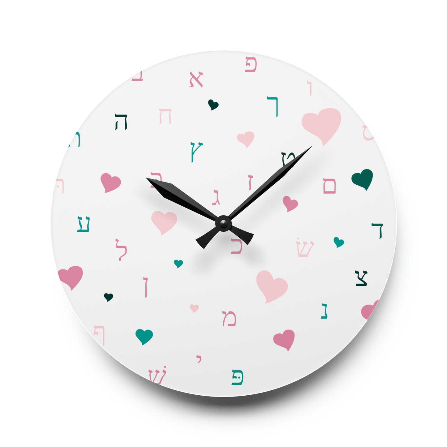 Pink Aleph Beis Hearts Acrylic Wall Clock