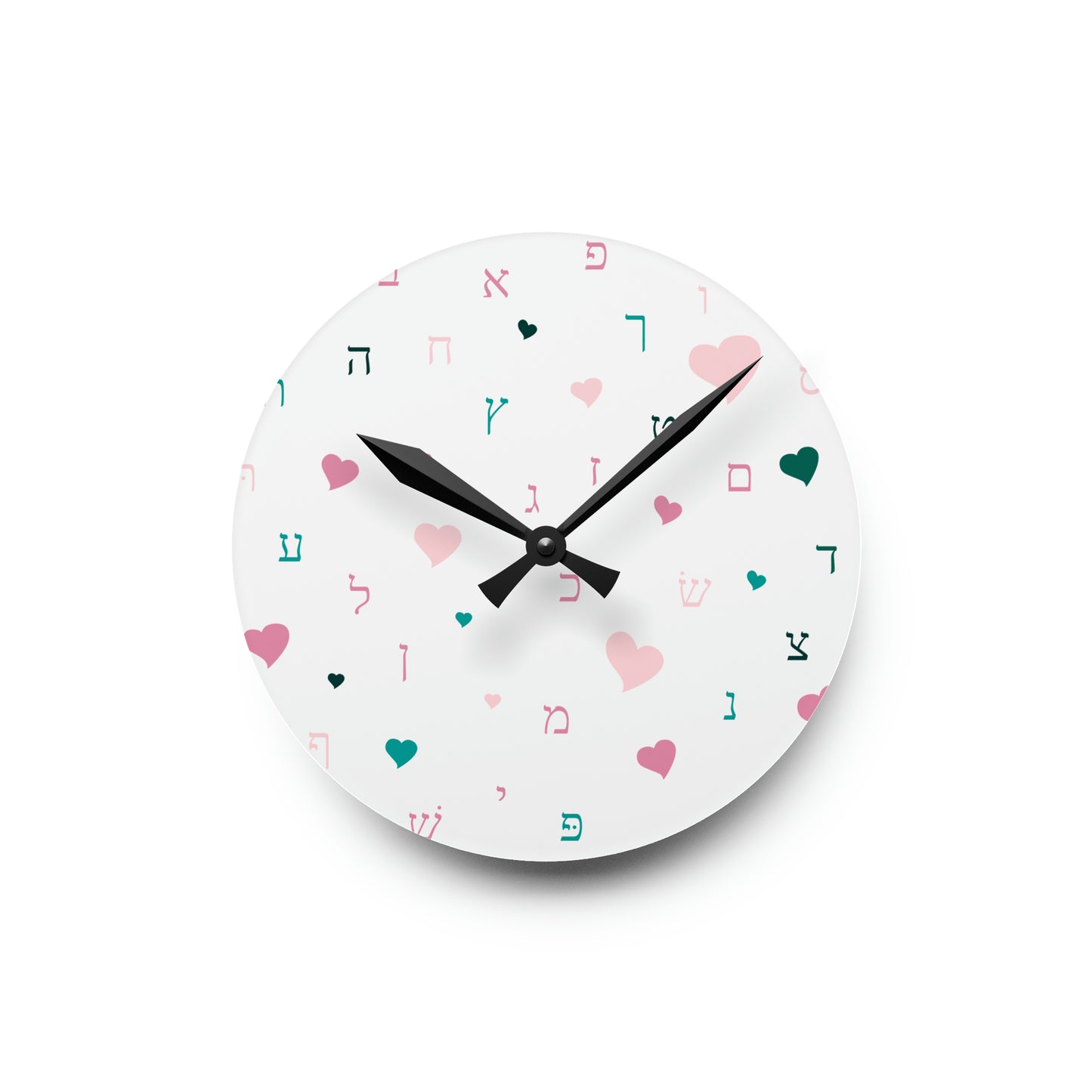 Pink Aleph Beis Hearts Acrylic Wall Clock