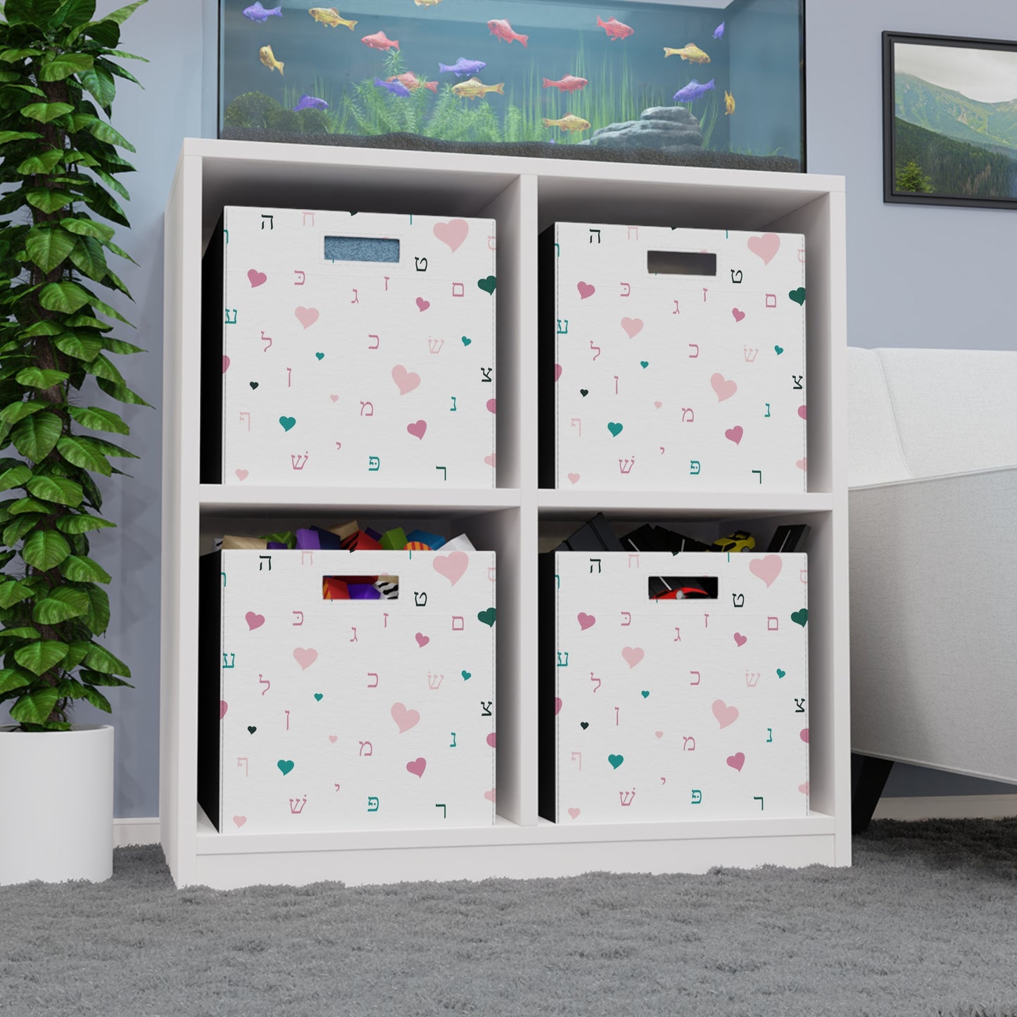 White Pink Aleph Beis Felt Storage Box