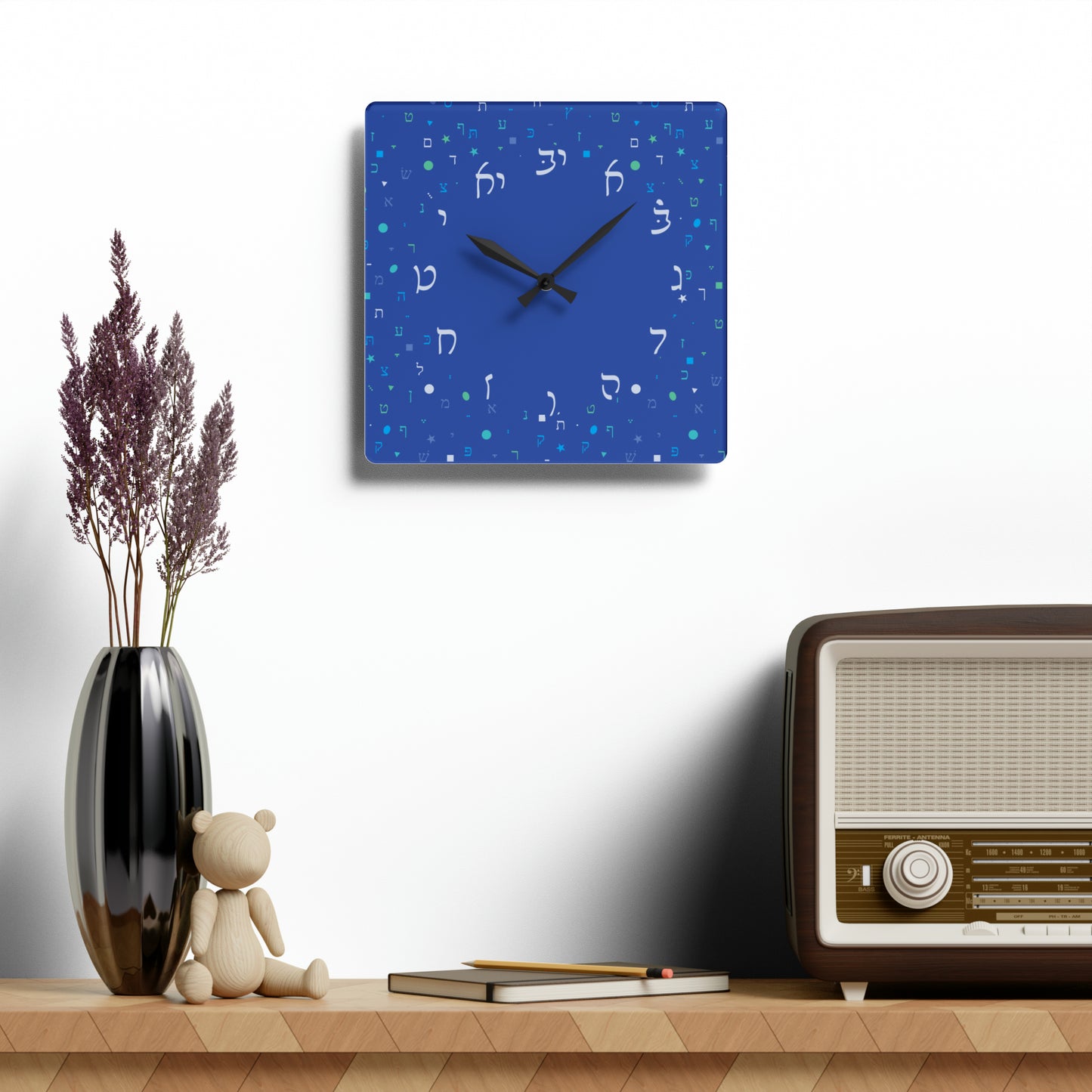 With Rashi Numbers - Dark Blue Aleph Beis Shapes Acrylic Wall Clock