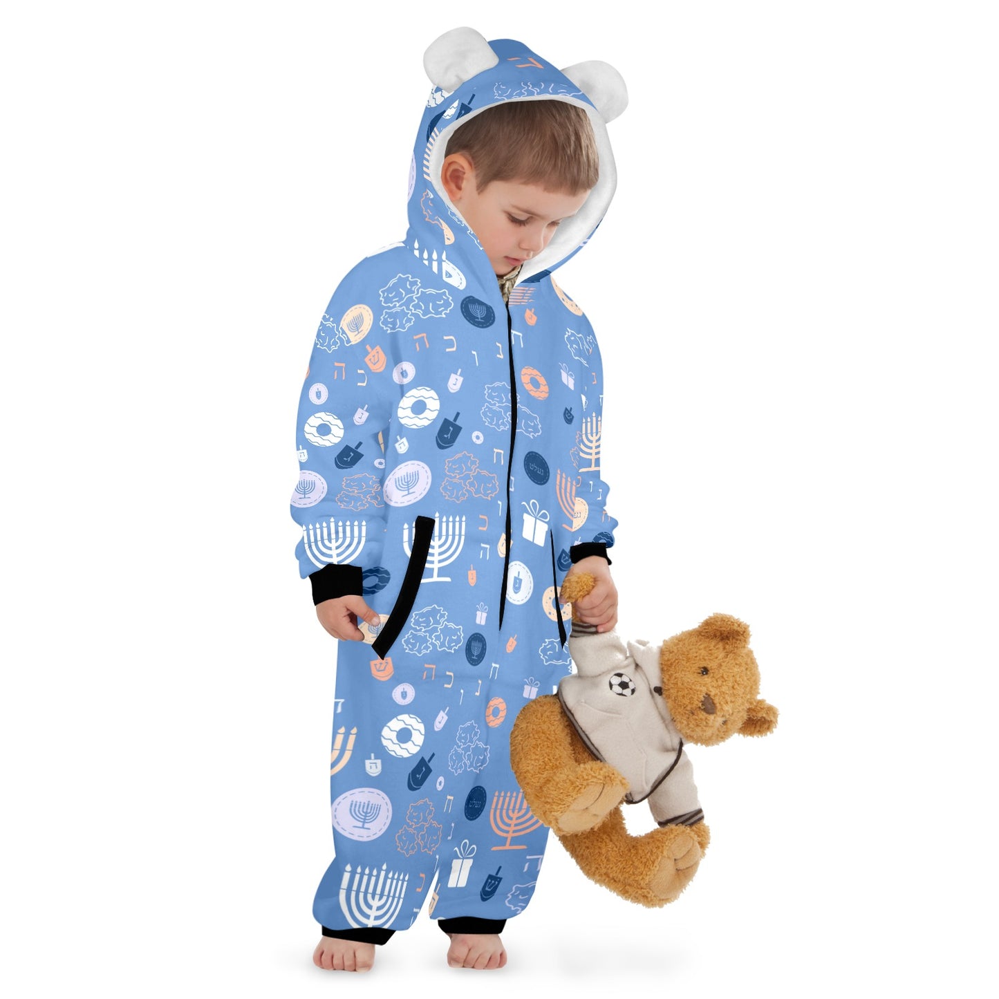 Blue Chanukah 5785 One-Piece Zip up Hooded Pajamas for Little Kids