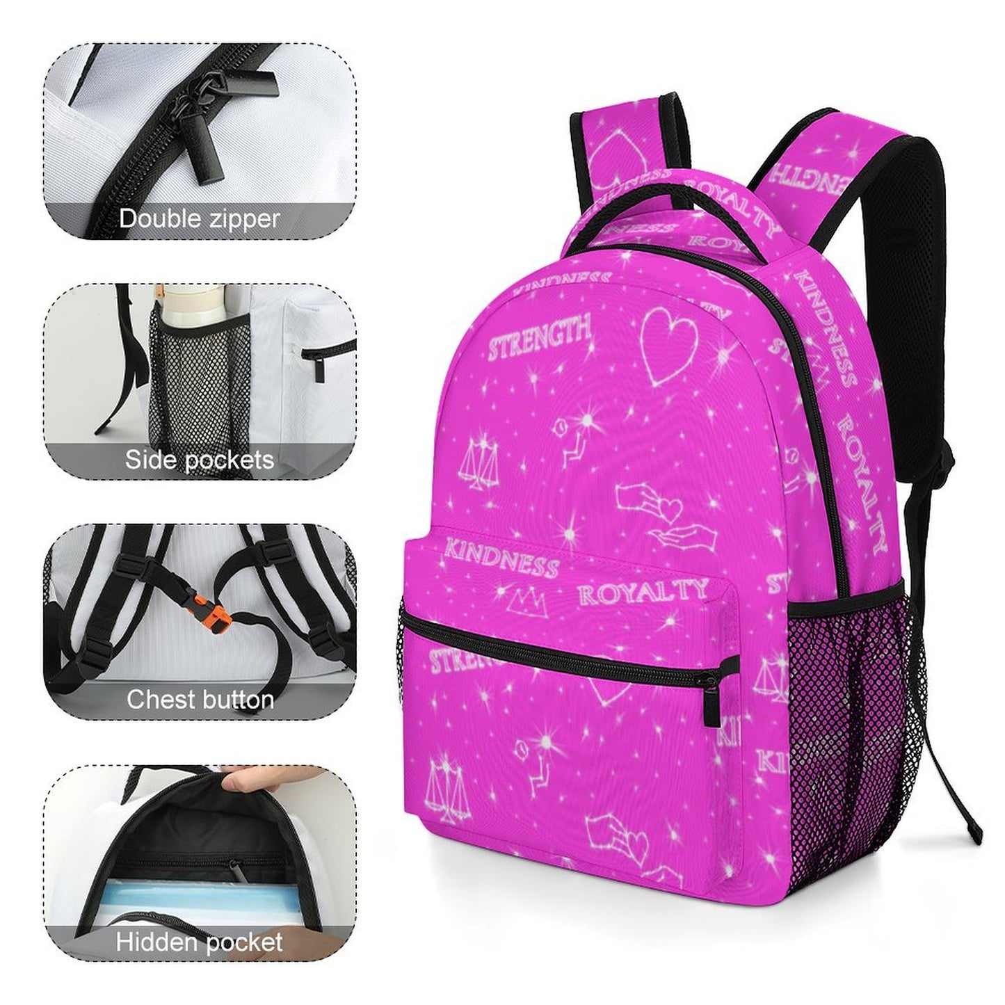 Pink "Kindness • Strength • Royalty” Hebrew Values Children's Backpack