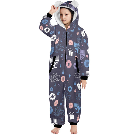 Warm Sunset Chanukah 5785 One-Piece Zip Up Hooded Pajamas for Big Kids