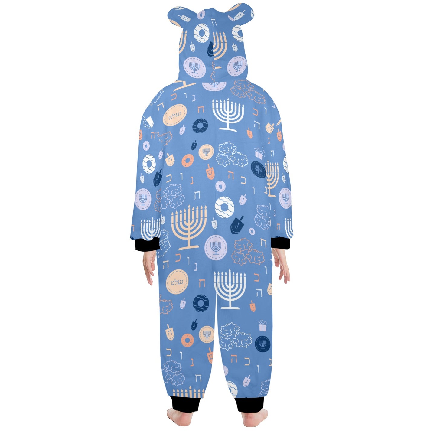 Blue Chanukah 5785 One-Piece Zip Up Hooded Pajamas for Big Kids