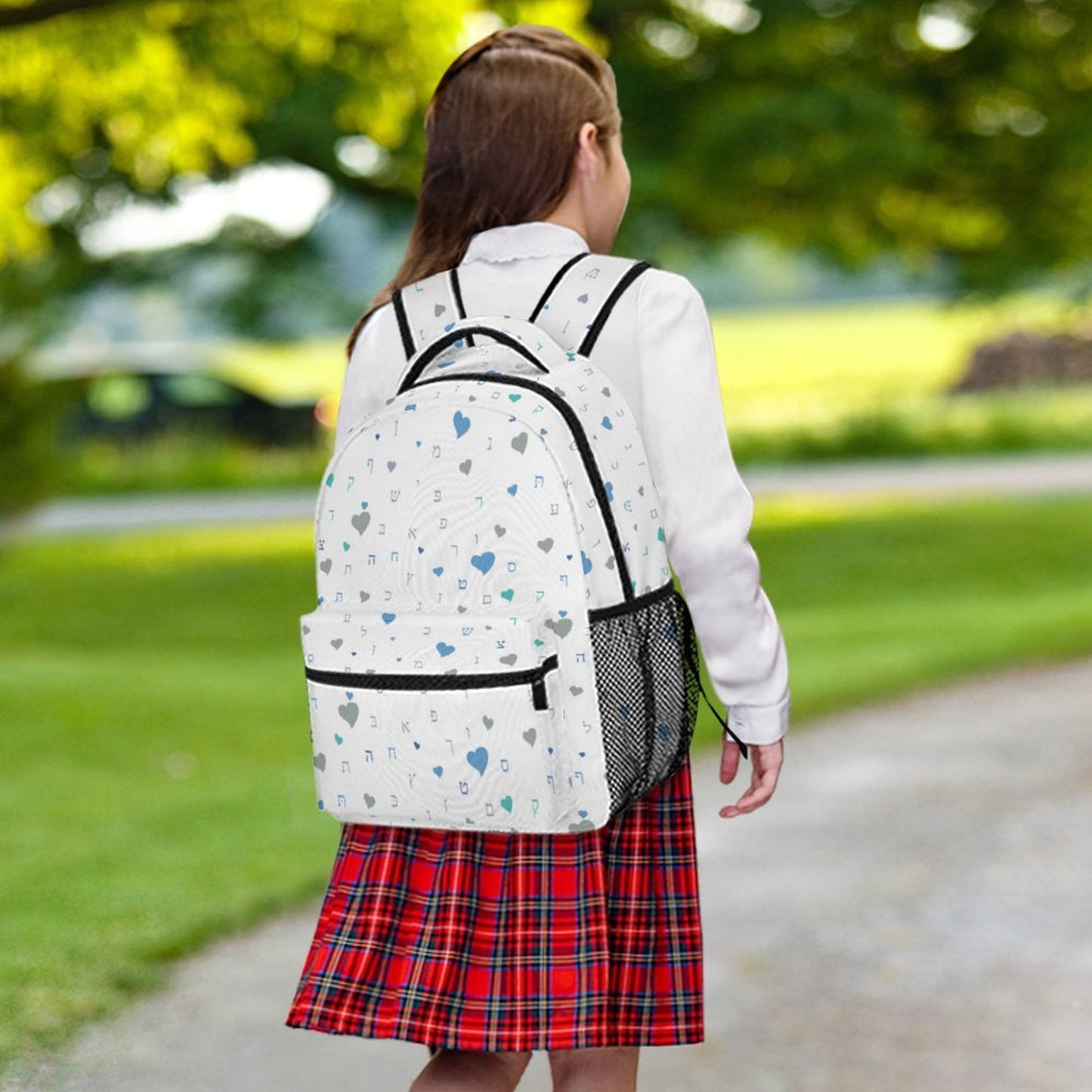 Calming Blues White Aleph Beis Hearts Children's Backpack