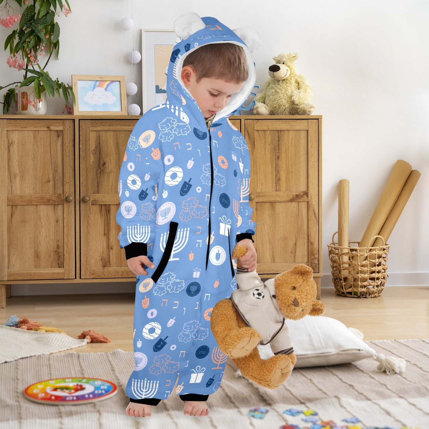 Blue Chanukah 5785 One-Piece Zip up Hooded Pajamas for Little Kids