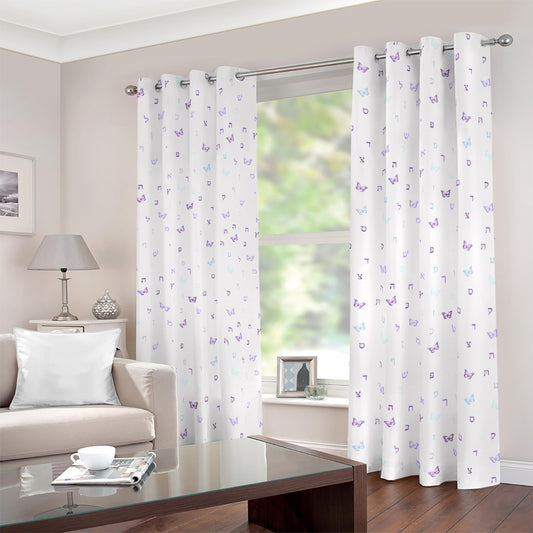 Purple Aleph Beis Butterflies Blackout Grommet Curtains | 265(gsm)