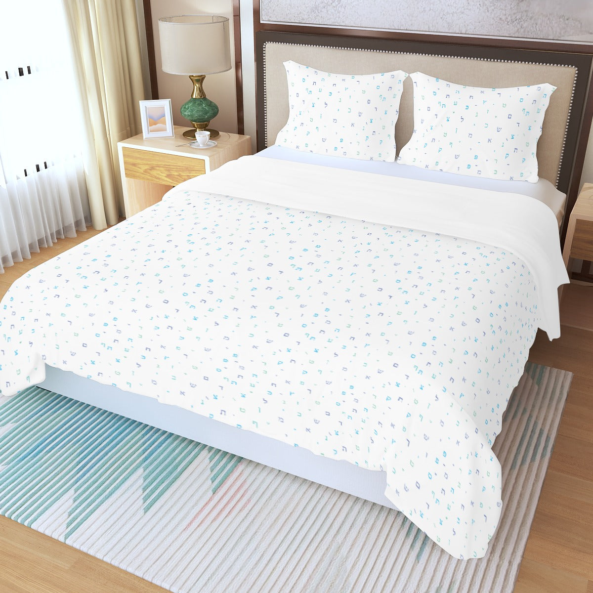 Light Blue Aleph Beis Three Piece Duvet Cover Set