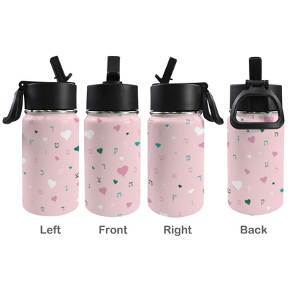 Pink Hearts Aleph Beis 12oz Toddlers Water Bottle with Straw Lid