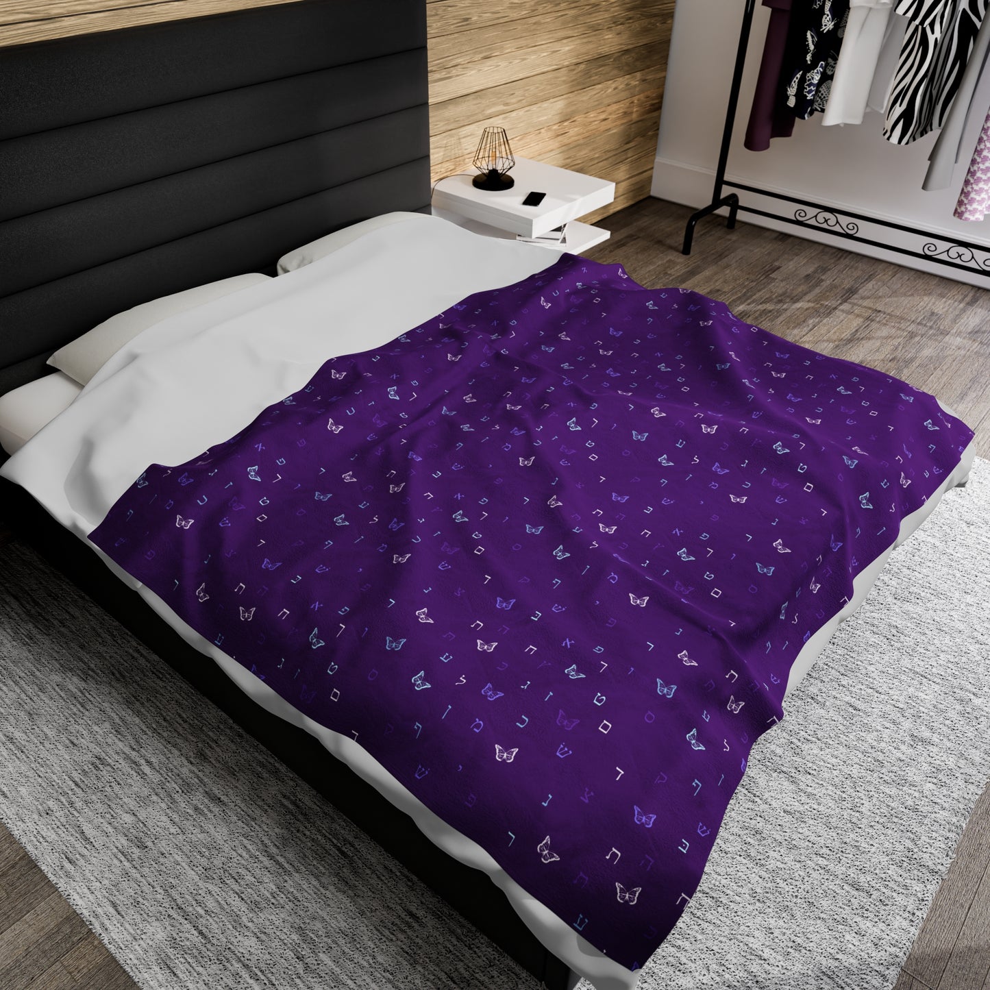 Purple Aleph Beis Butterflies Velveteen Plush Blanket