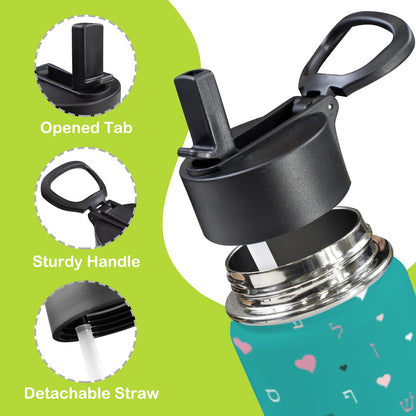 Green Hearts Aleph Beis 12oz Toddlers Water Bottle with Straw Lid