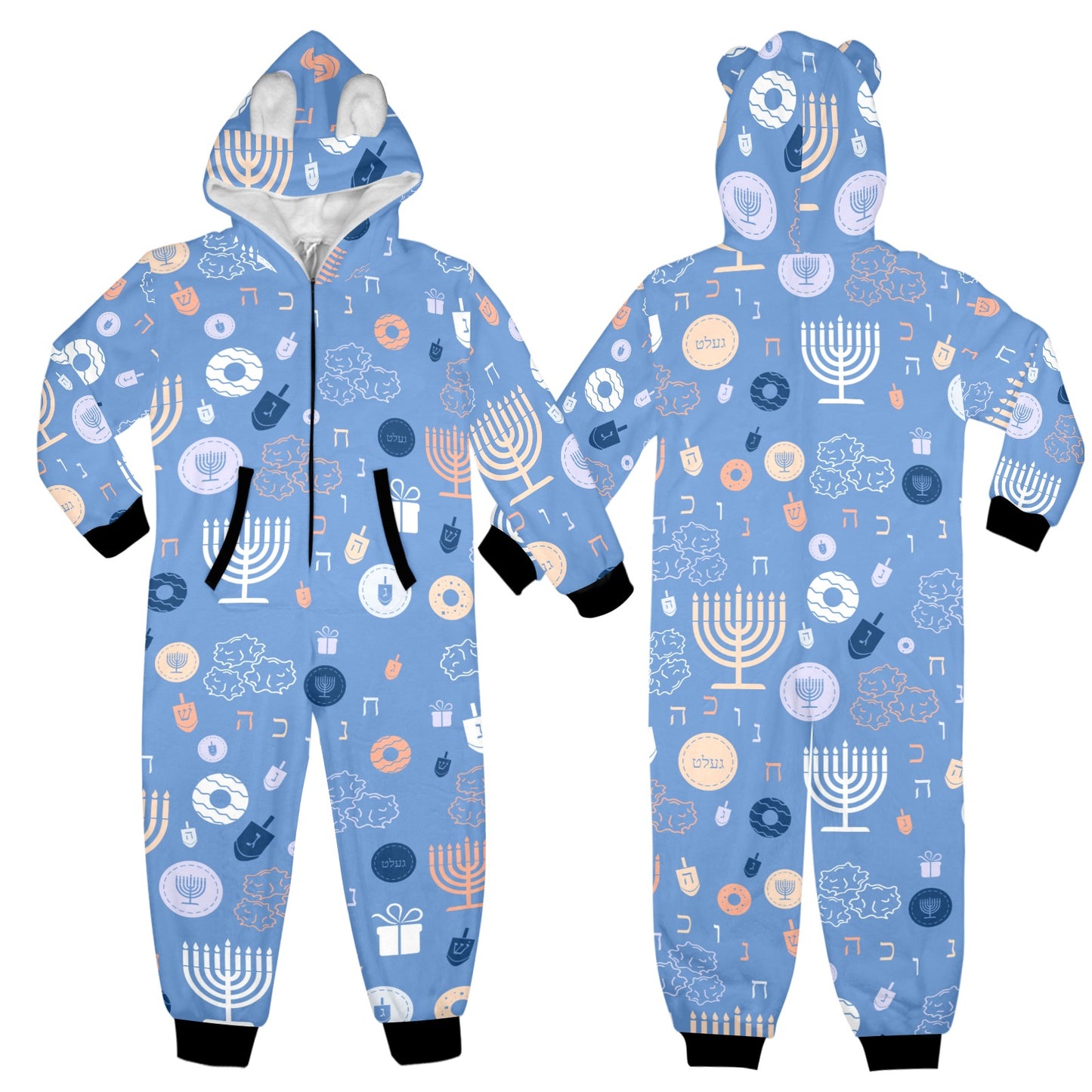 Blue Chanukah 5785 One-Piece Zip Up Hooded Pajamas for Big Kids