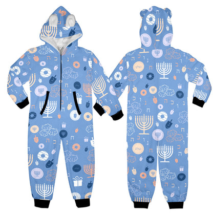 Blue Chanukah 5785 One-Piece Zip Up Hooded Pajamas for Big Kids
