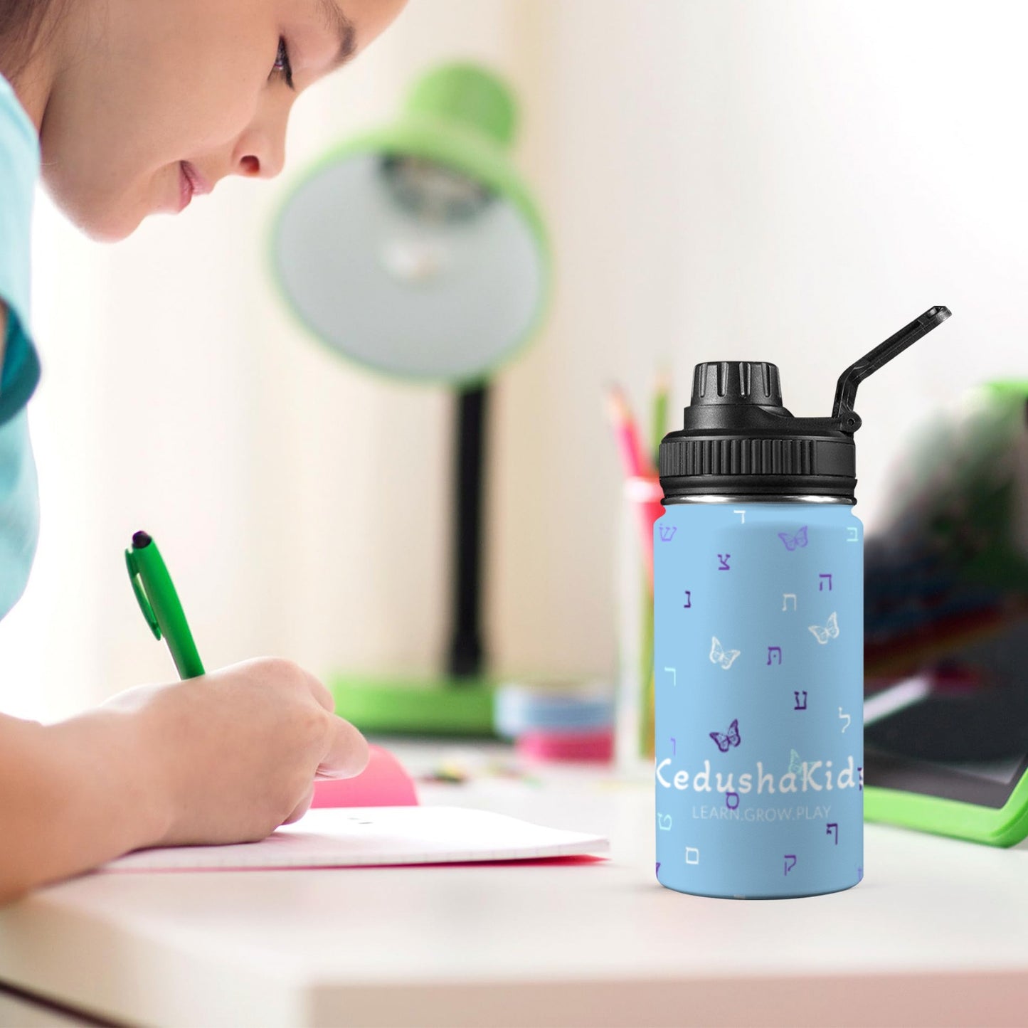 Purple Aleph Beis Butterflies Sky Blue Kids Water Bottle with Chug Lid (12 oz)