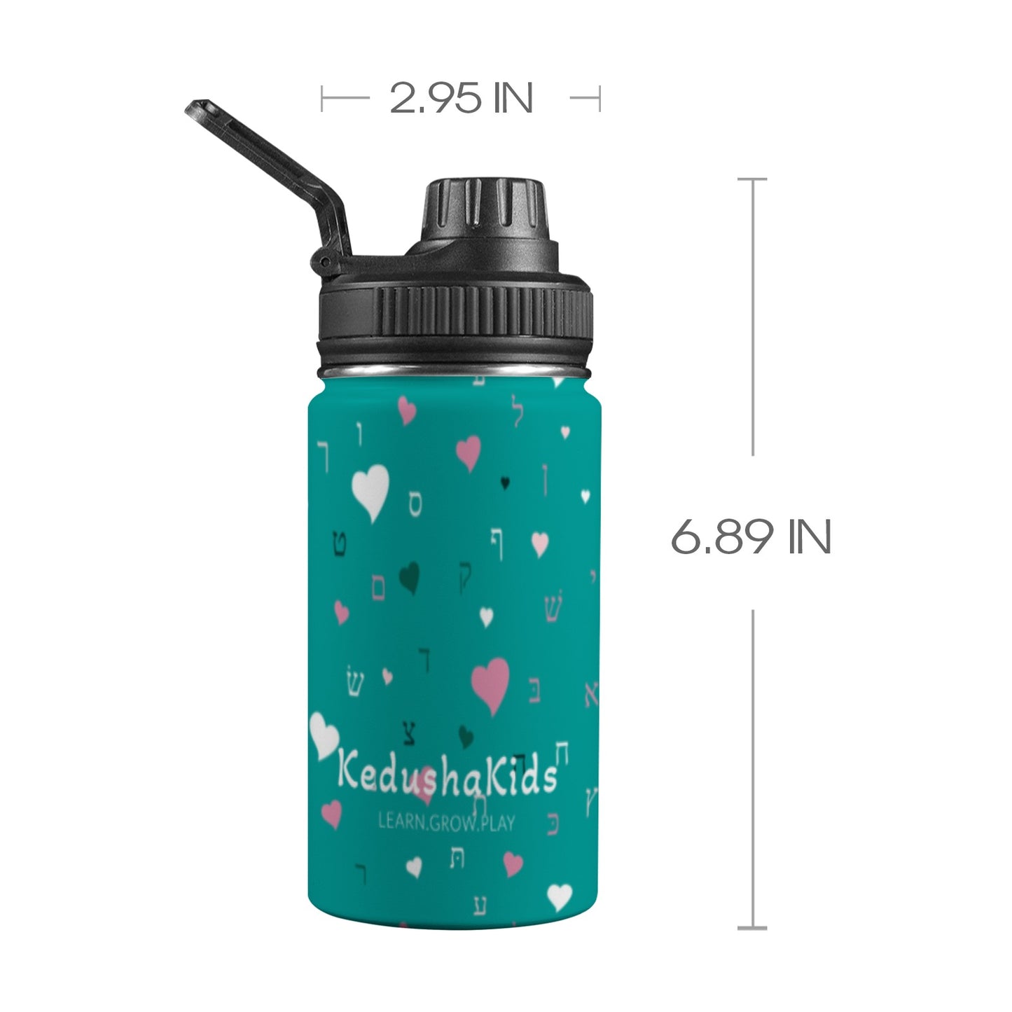 Green Pink Aleph Beis Hearts Kids Water Bottle with Chug Lid (12 oz)