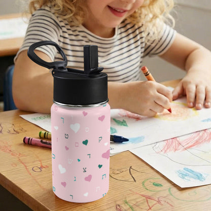 Pink Hearts Aleph Beis 12oz Toddlers Water Bottle with Straw Lid