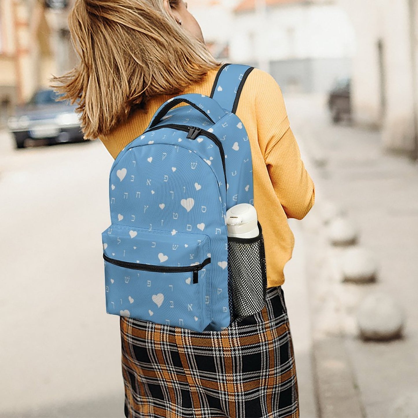 Pretty in Sky Blue Aleph Beis Hearts Children's Backpack