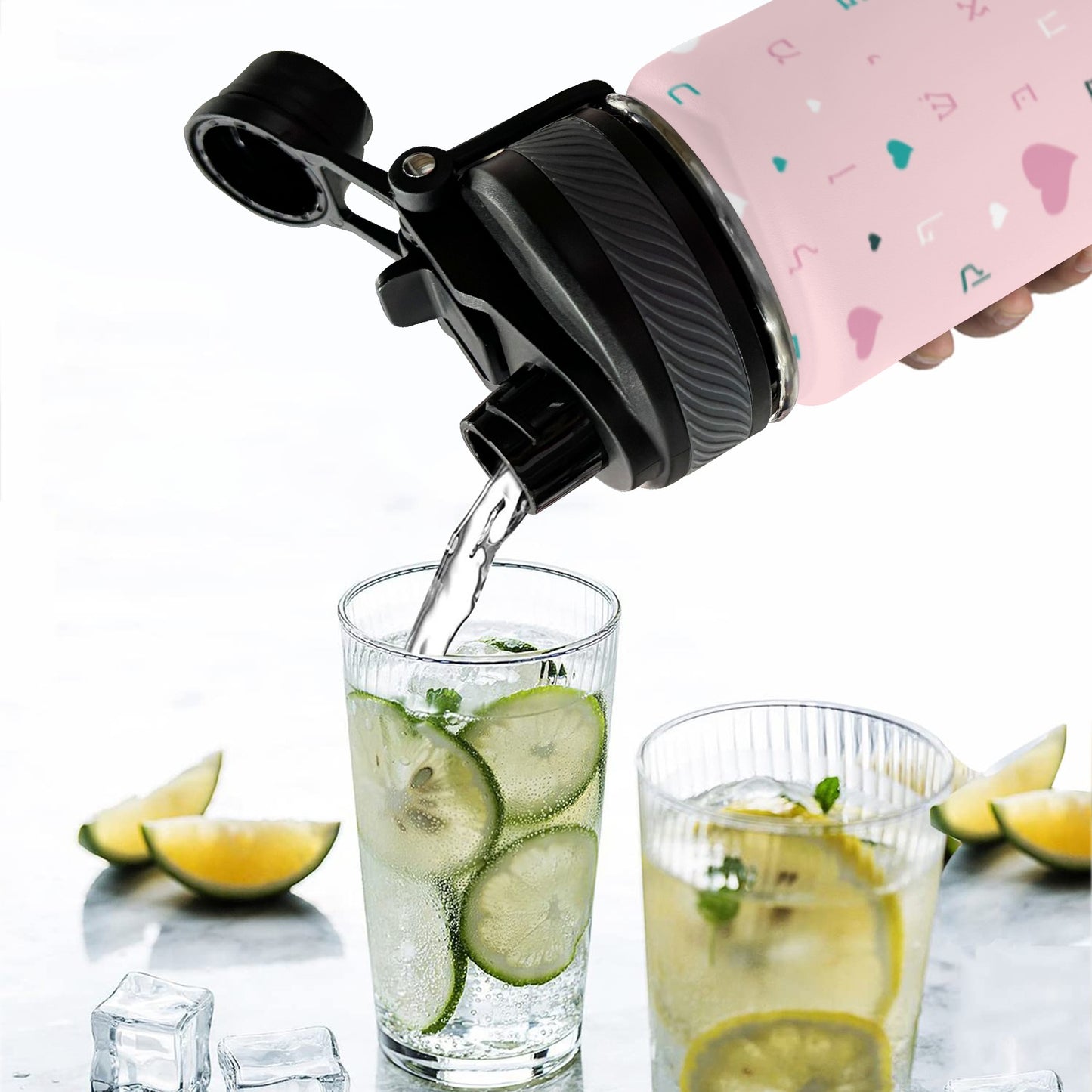 Pink Aleph Beis Hearts | Jewish Girls Insulated Water Bottle 18oz