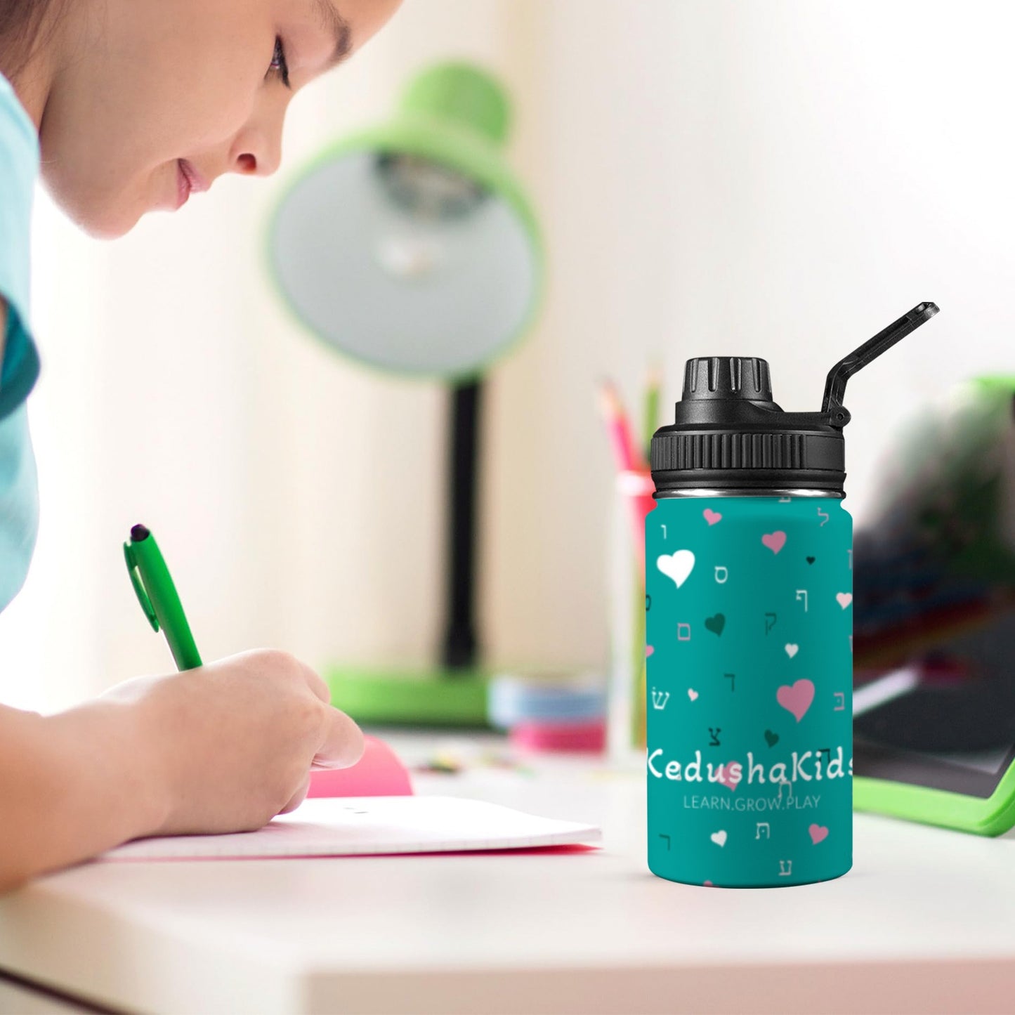 Green Pink Aleph Beis Hearts Kids Water Bottle with Chug Lid (12 oz)