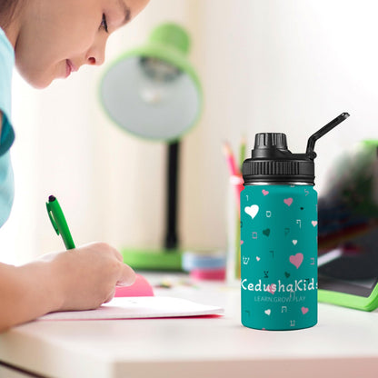Green Pink Aleph Beis Hearts Kids Water Bottle with Chug Lid (12 oz)