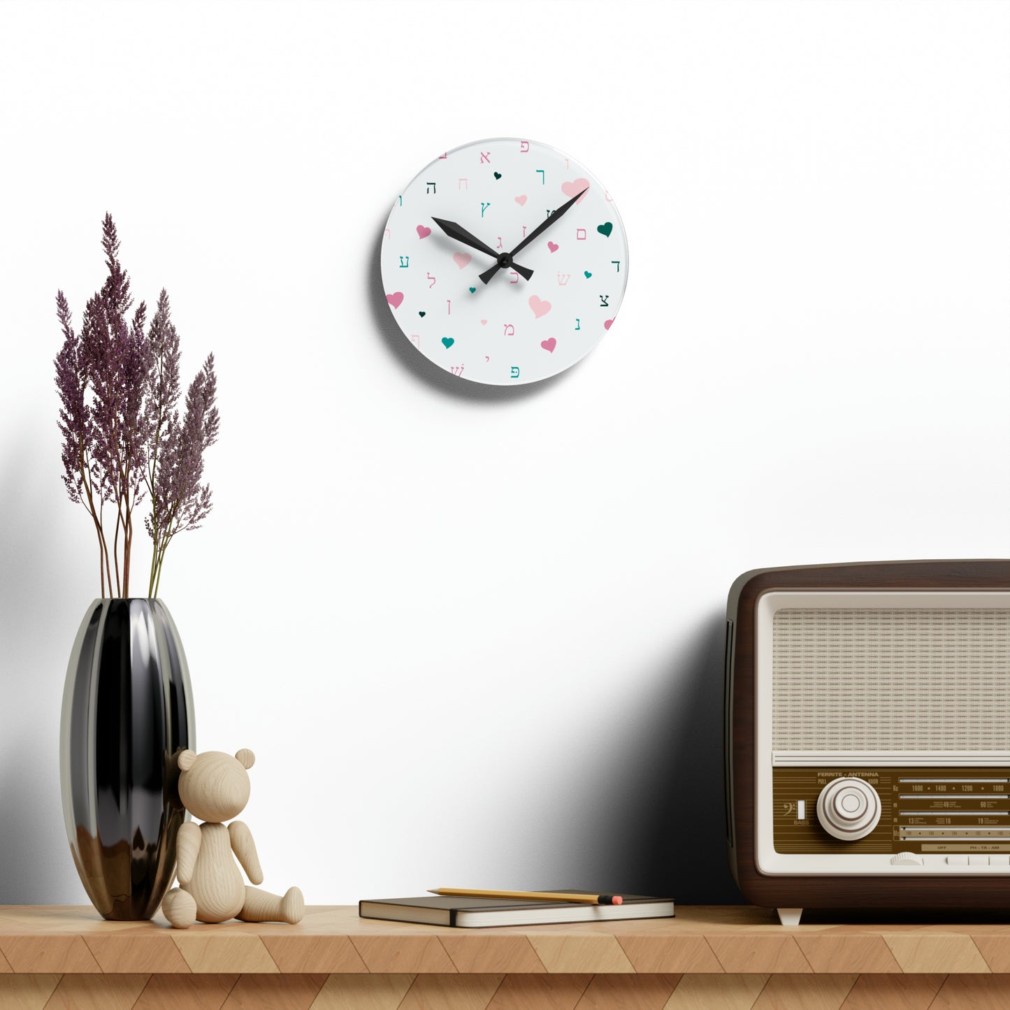 Pink Aleph Beis Hearts Acrylic Wall Clock