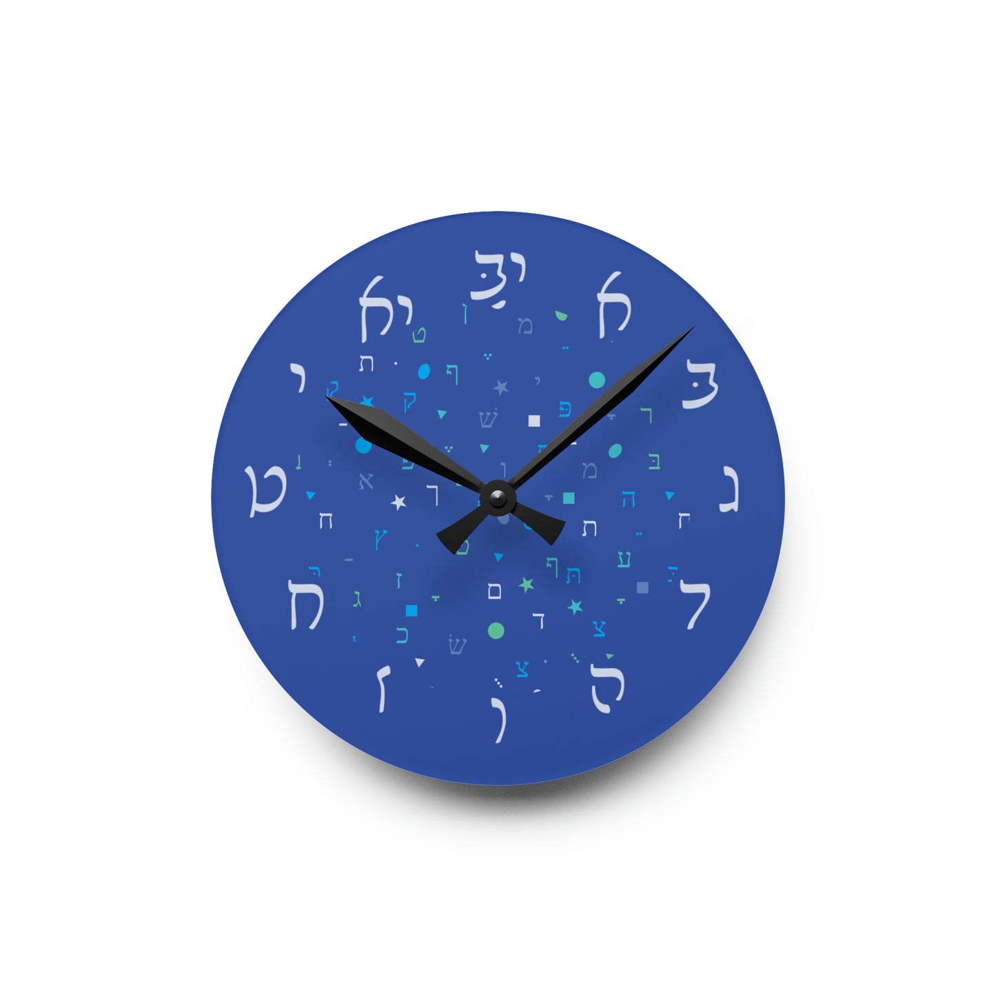 With Rashi Numbers - Dark Blue Aleph Beis Shapes Acrylic Wall Clock