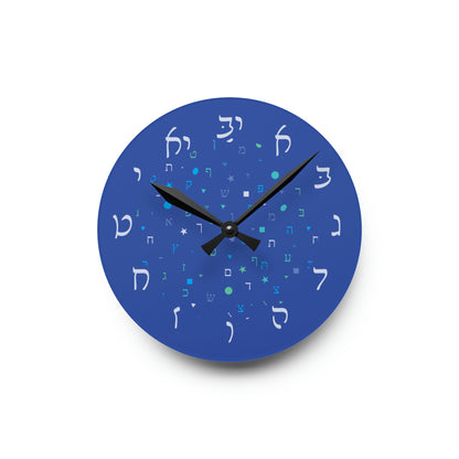 With Rashi Numbers - Dark Blue Aleph Beis Shapes Acrylic Wall Clock