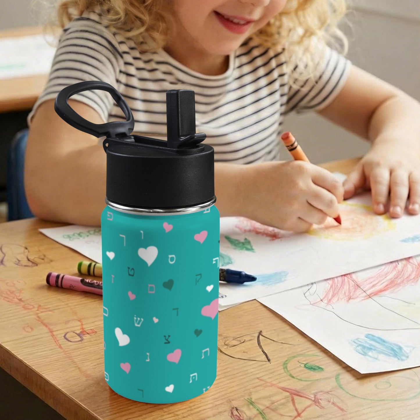 Green Hearts Aleph Beis 12oz Toddlers Water Bottle with Straw Lid