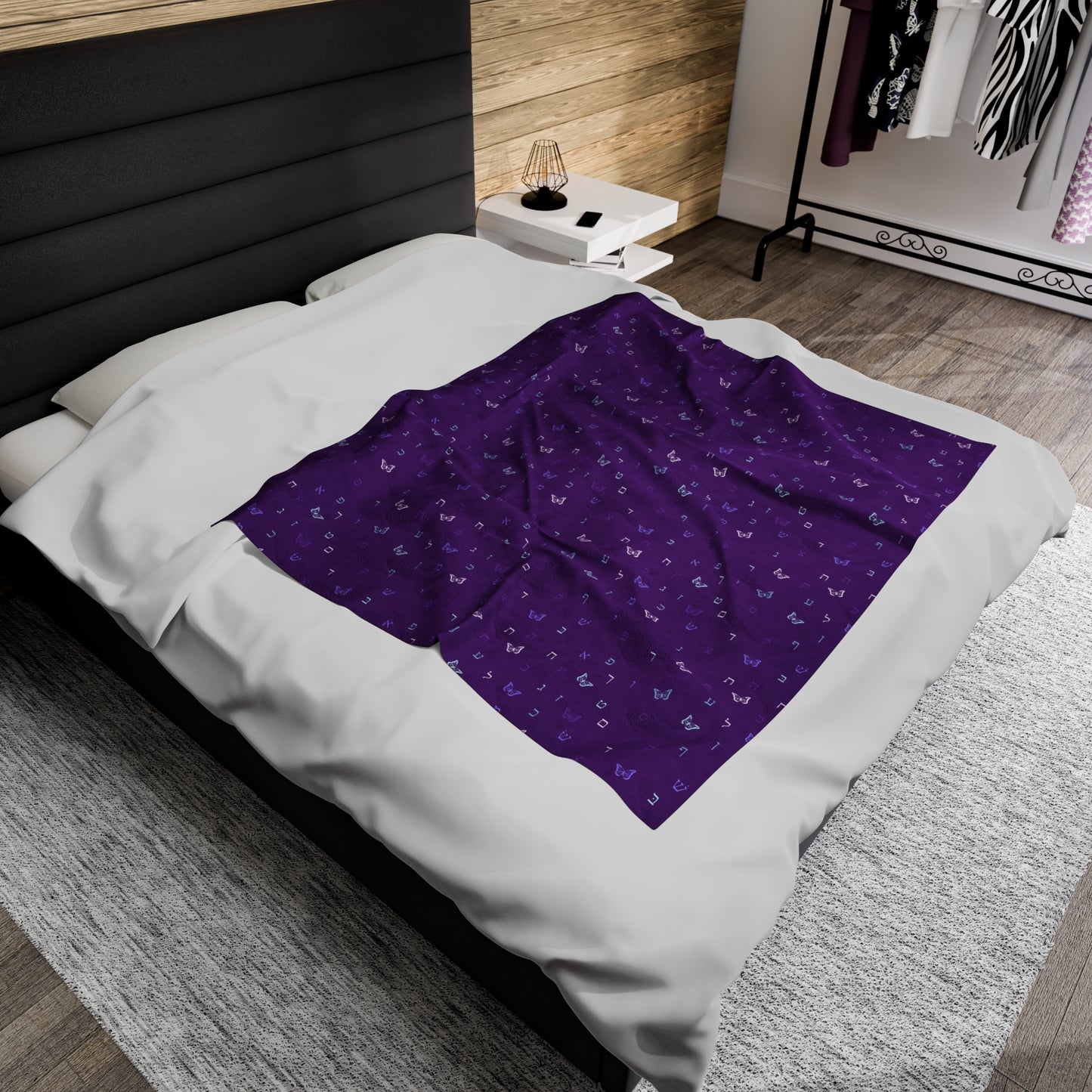 Purple Aleph Beis Butterflies Velveteen Plush Blanket