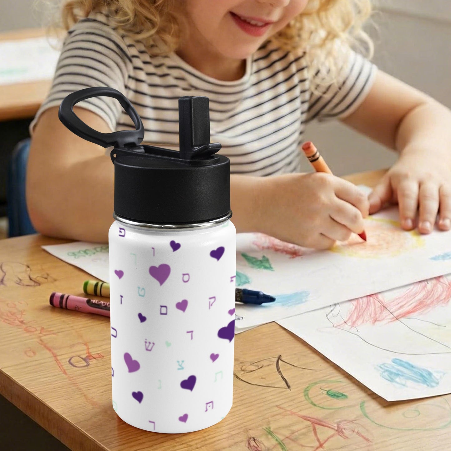 Purple Hearts Aleph Beis 12oz Toddlers Water Bottle with Straw Lid